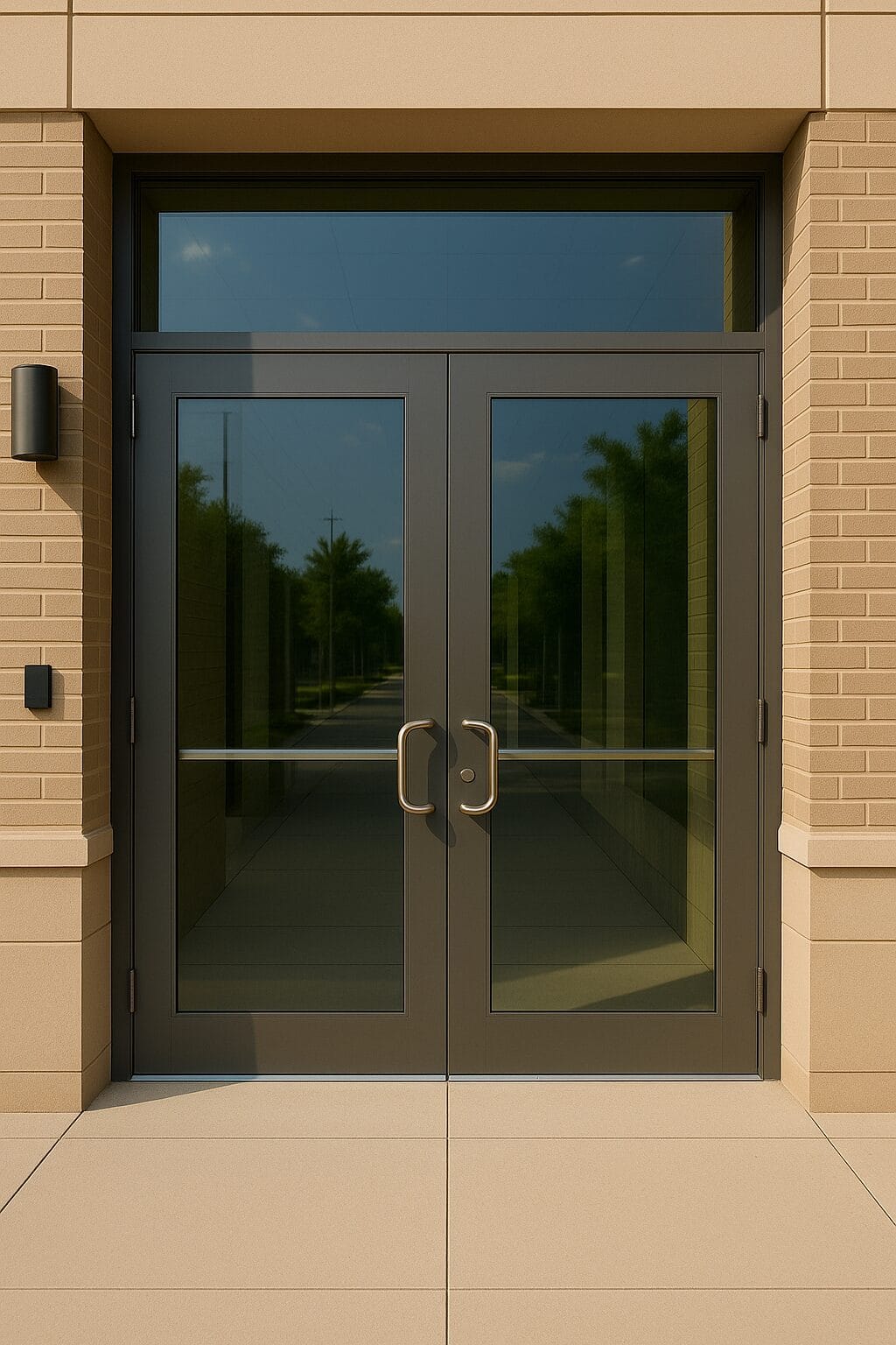 Commercial double glass doors with dark aluminum frames on a beige brick building, reflecting nearby trees and a clear blue sky. The entryway features vertical handles, a keycard access panel, and a clean walkway leading up to the door