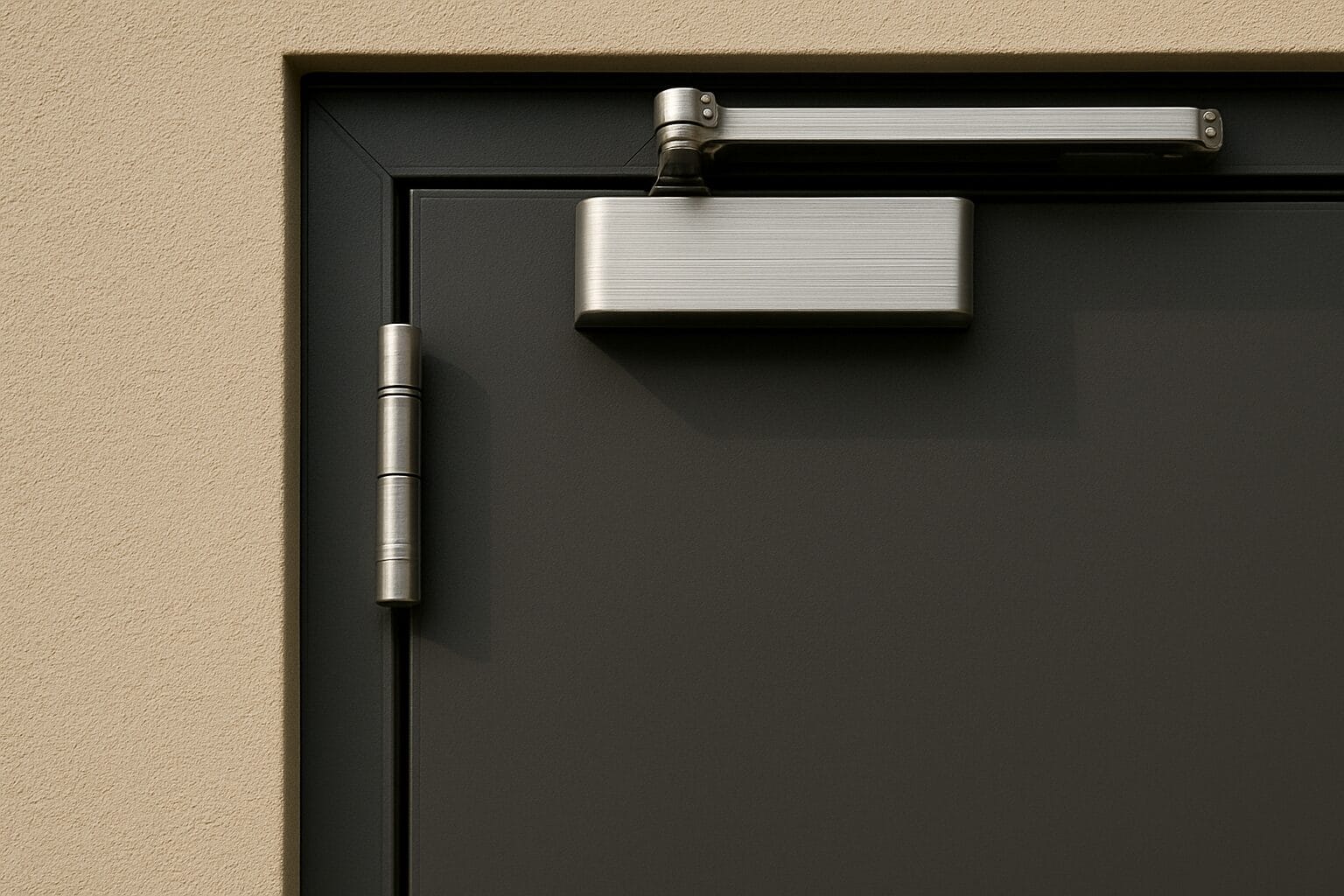 Close-up view of a commercial metal fire-rated door showing the upper corner with a brushed steel door closer and hinge, set in a dark gray frame against a textured beige wall. The image focuses on the door frame's material and hardware details under natural daylight