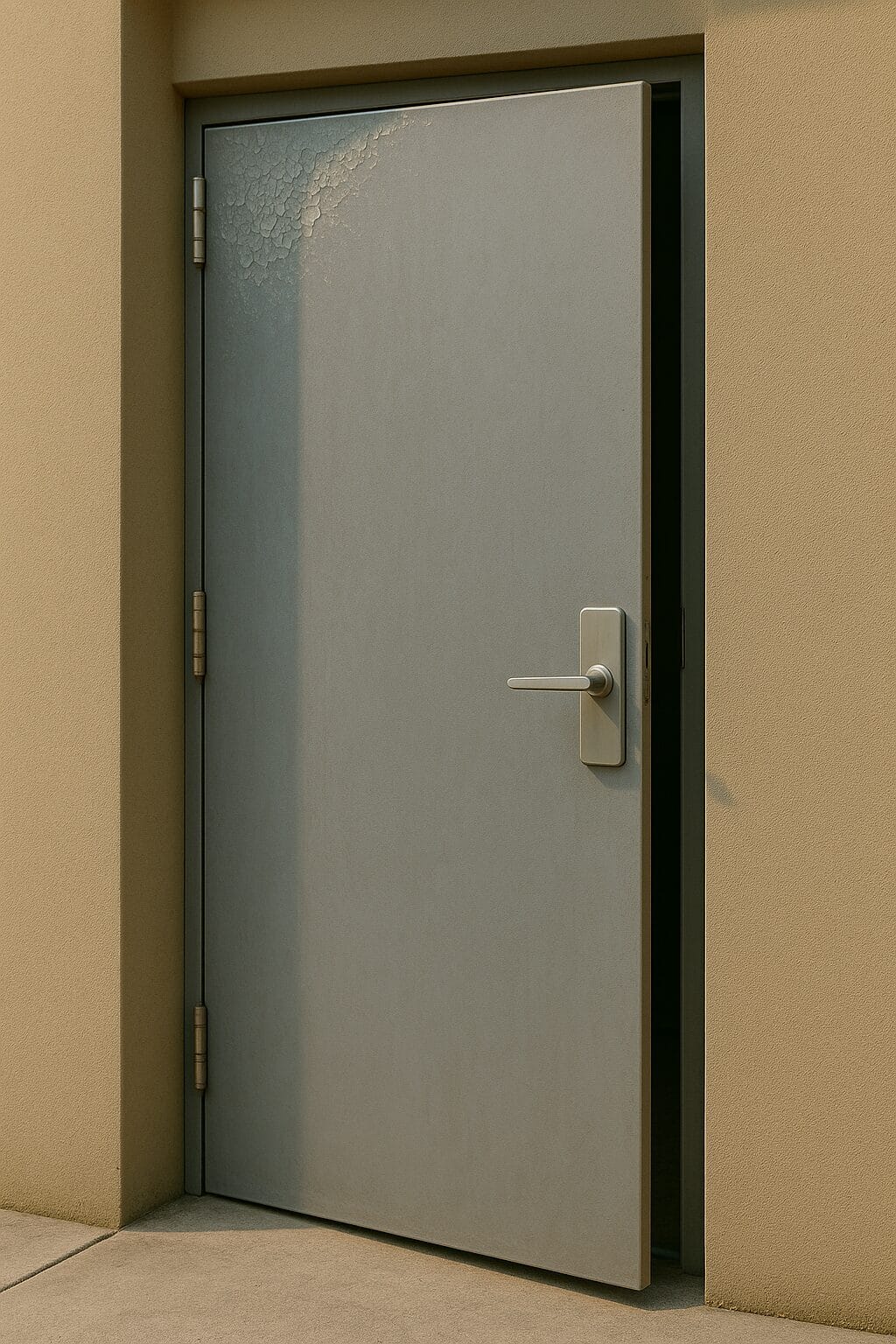 A weathered gray aluminum door set in a beige stucco wall, showing peeling paint and subtle stains concentrated at the top left corner. The door is slightly ajar, revealing a shadowy interior, while the modern handle and hinges highlight the contrast between the aged door surface and the clean, textured wall.