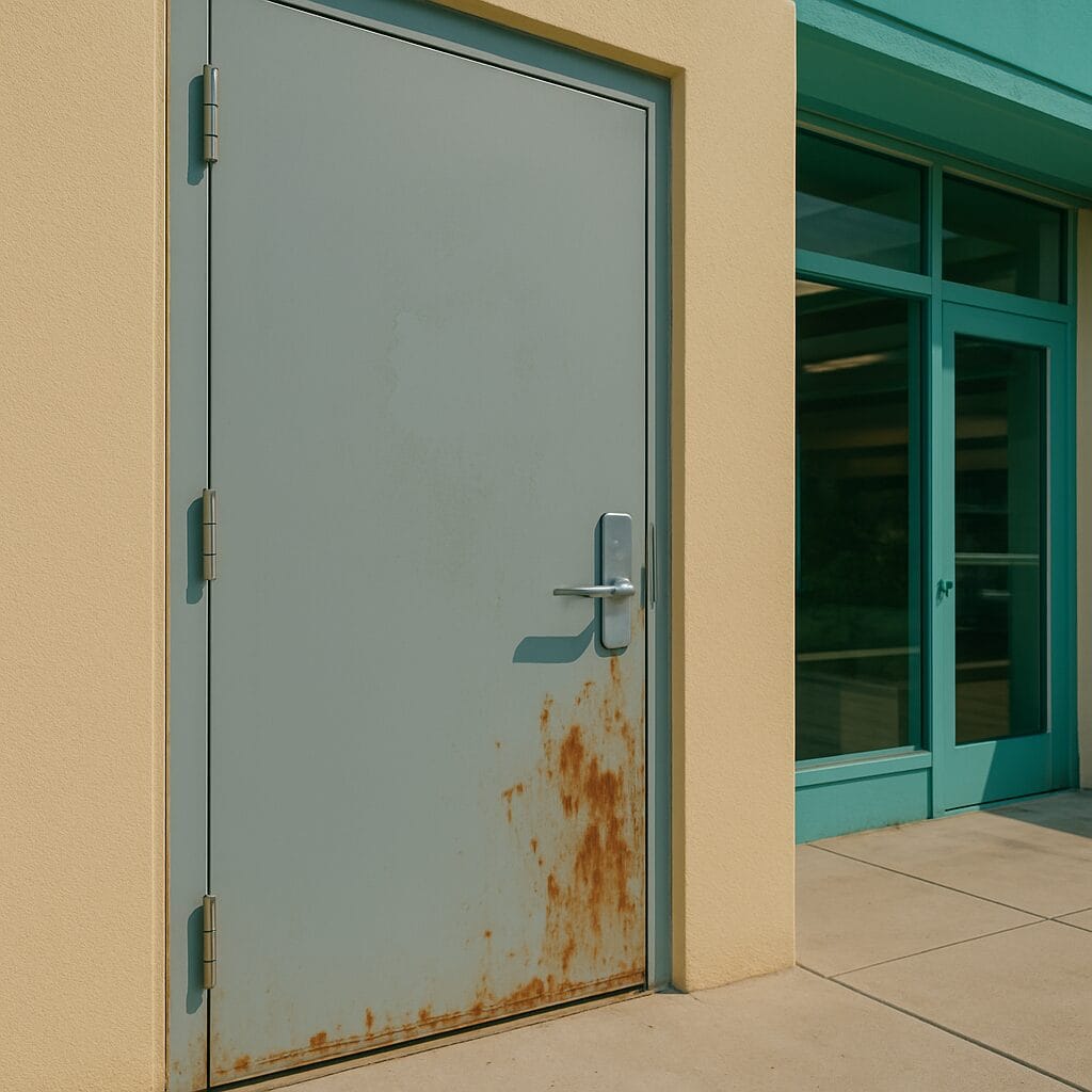 A weathered light gray service door on the back of a modern commercial building, showing peeling paint and rust stains, with a sleek metal handle and hinges. The door is set in a pale yellow wall next to large turquoise-framed glass storefront windows, surrounded by clean concrete pavement and a tropical, sunlit urban backdrop