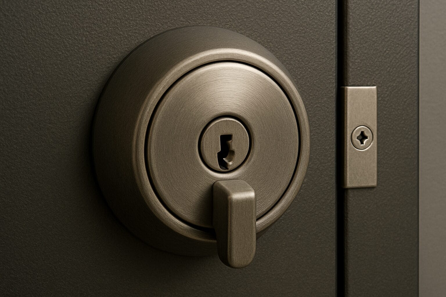 Commercial deadbolt lock on gray metal door with brushed nickel finish. Close-up shows keyhole, thumbturn, and strike plate, highlighting secure commercial door hardware for office or industrial building entry.