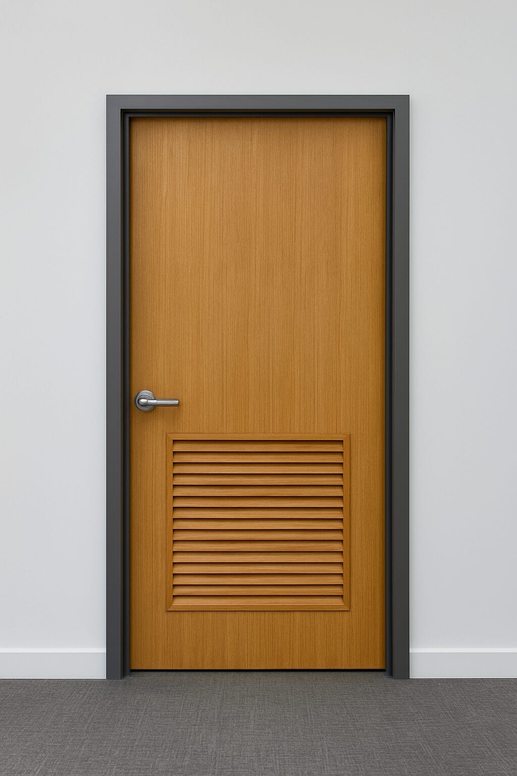 Industrial wooden door with lower louvered panel, set in a dark metal frame within a modern office space. The vertical grain wood finish and silver lever handle reflect a professional, functional design ideal for commercial interiors.