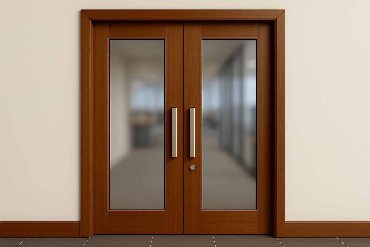 A pair of modern wooden double doors with large vertical glass panels, centered against a beige wall in an office interior. The blurred background through the glass reveals a professional office space with desks and glass partitions, creating a sleek and contemporary look.