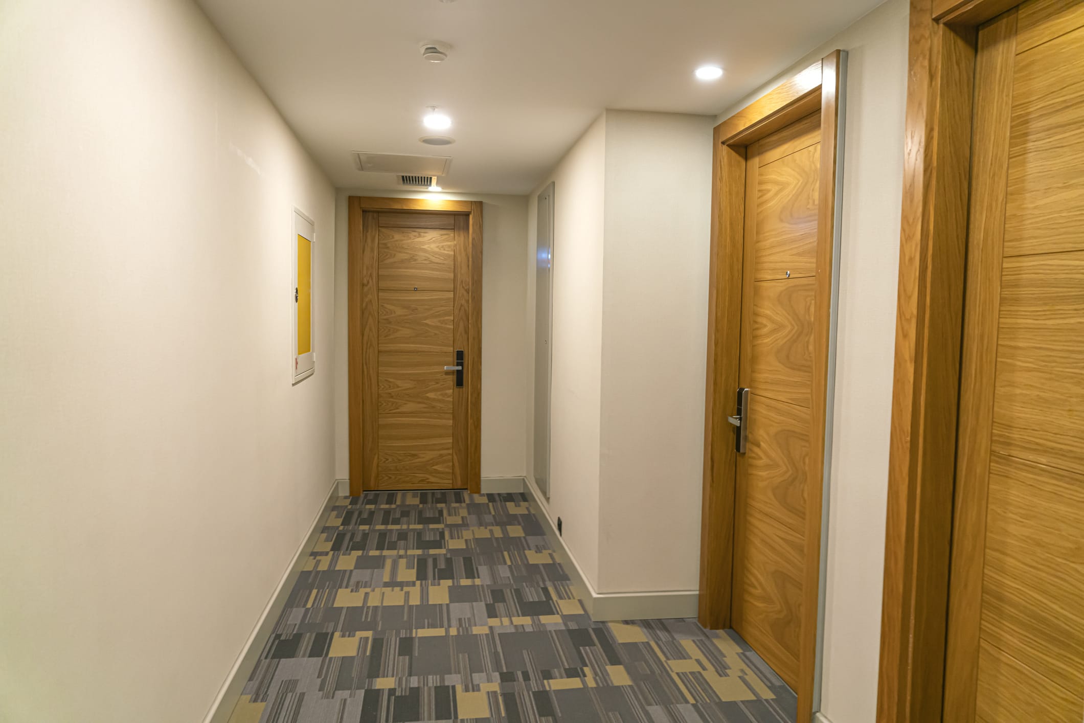 Wooden apartment doors with modern grain patterns line a well-lit hallway featuring neutral walls and a patterned carpet. Overhead lights and clean trim give the corridor a polished, contemporary look.