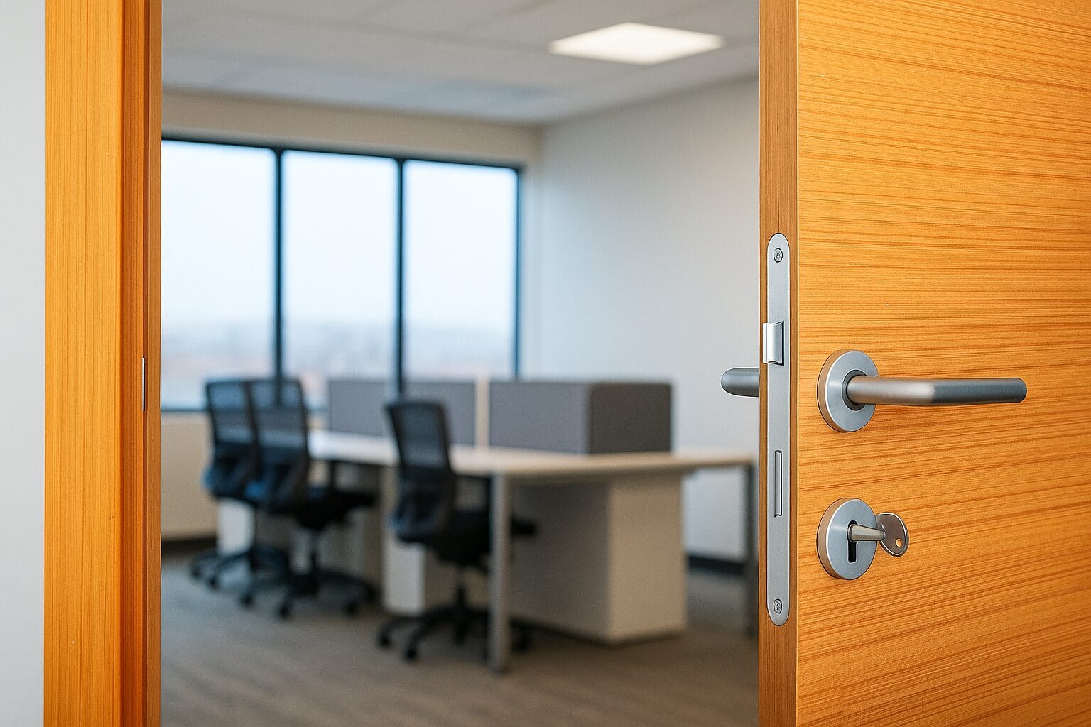 Light wood office door with metal hardware, partially open to reveal a workspace with desks and chairs.