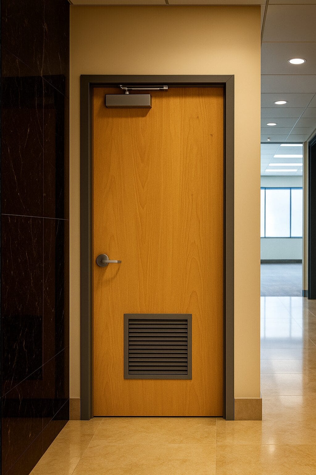 Industrial wood door with louver vent in a modern office building hallway, featuring a metal frame, door closer, and lever handle for ventilation and functionality.
