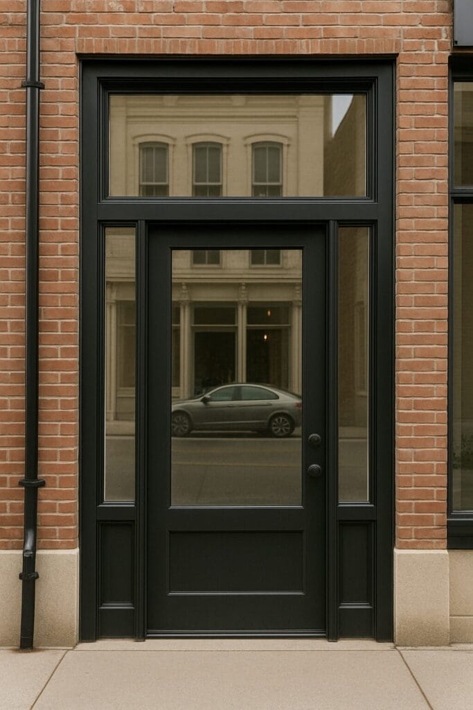 Black-framed glass storefront door with matching sidelights and a large transom window above, set in a red brick facade with a stone base. The door reflects a parked car and the building across the street, highlighting the transparency and modern style of the entrance.