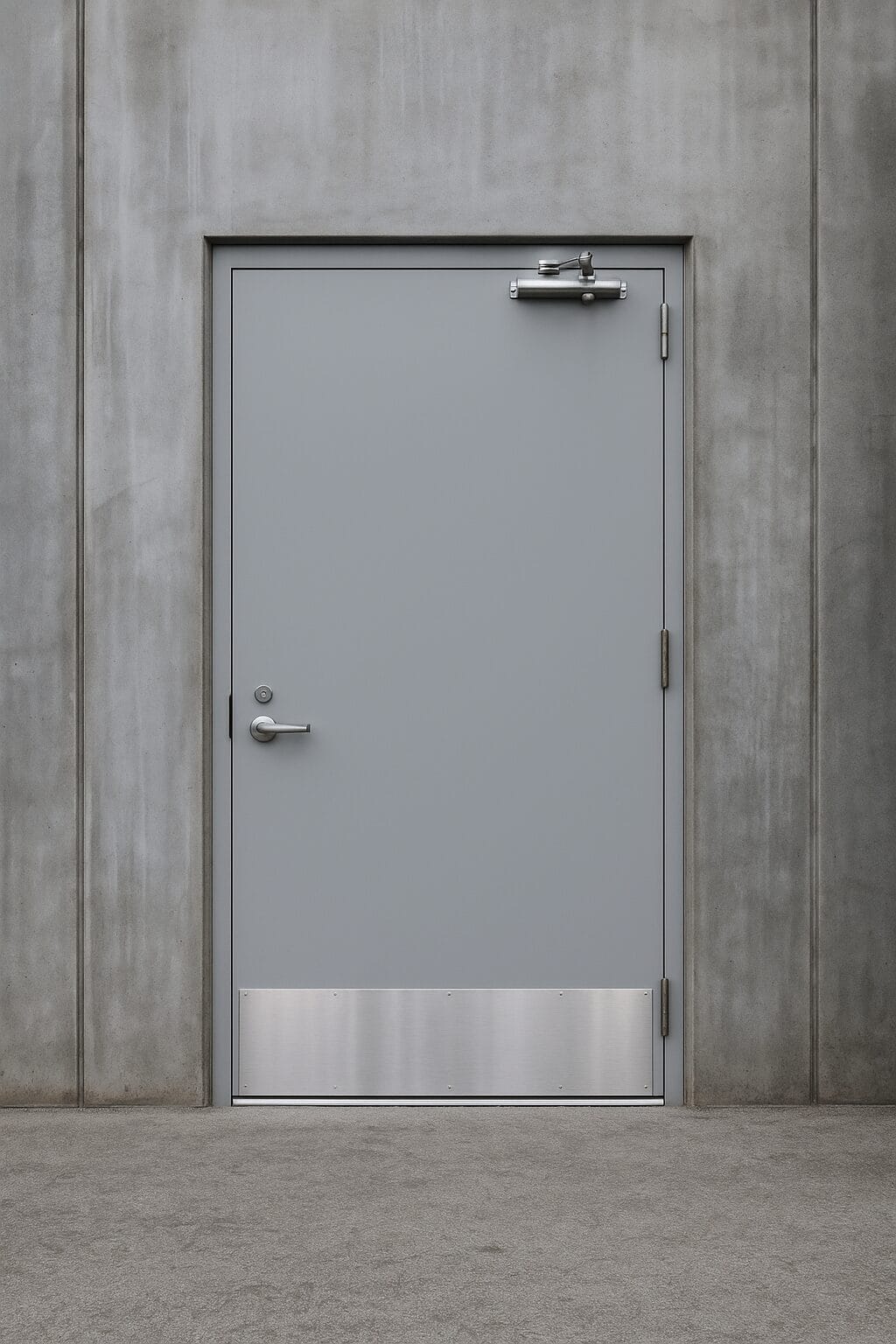 Gray industrial steel door mounted in a concrete wall, featuring a stainless steel kick plate at the bottom, a cylindrical handle, and an overhead door closer.