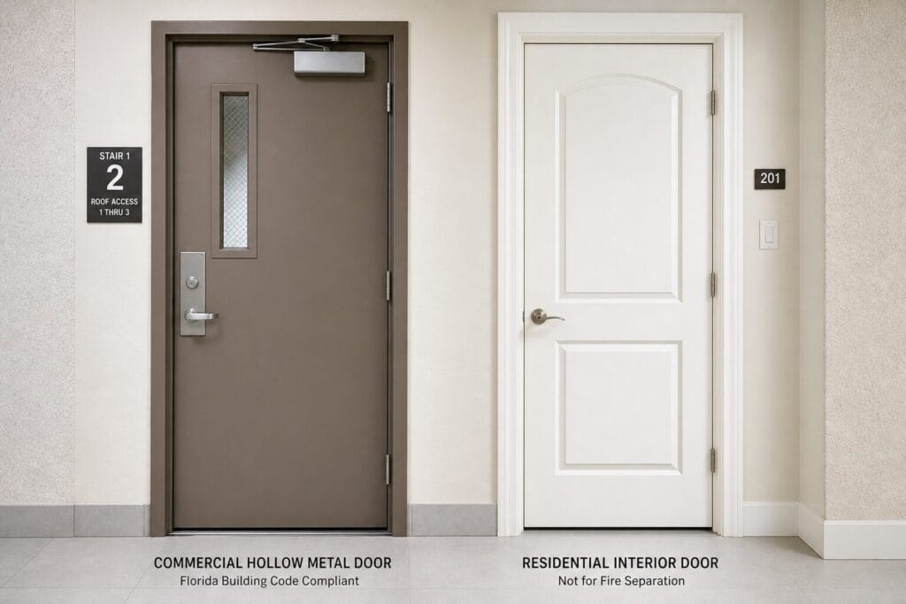 Side-by-side commercial hollow metal door and residential interior door comparison in Florida building