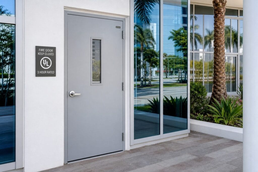 Commercial metal fire-rated door with UL certification label on Miami office building entrance