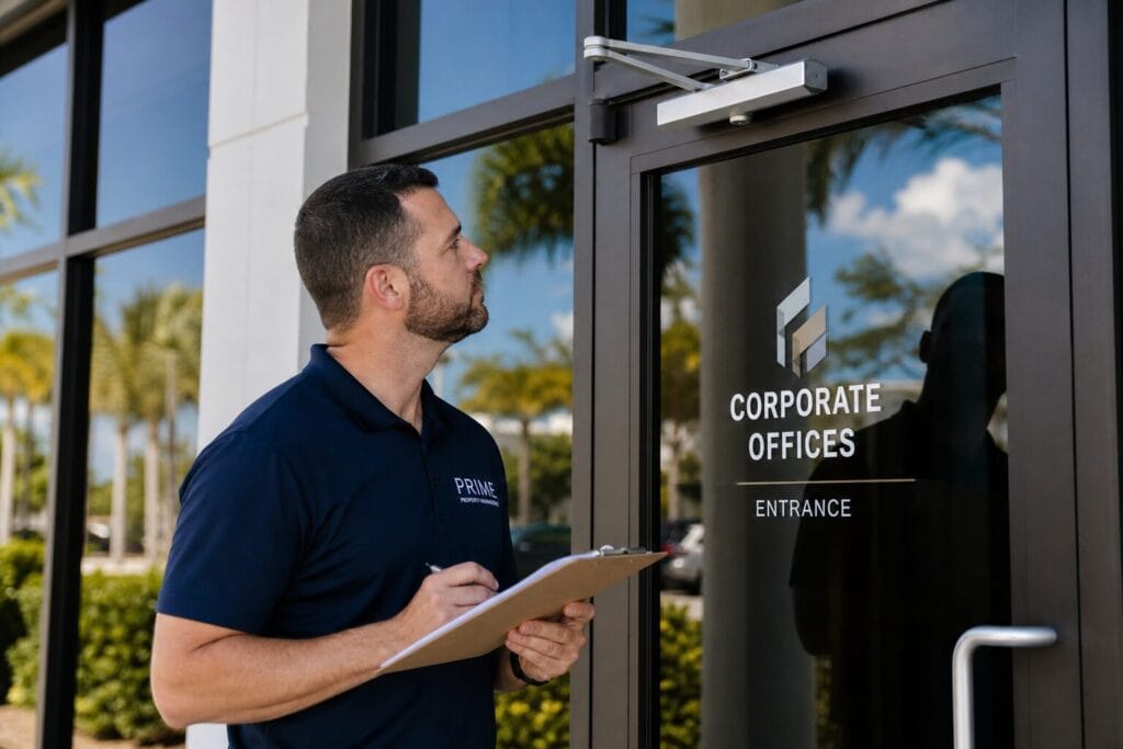 Property manager with clipboard inspecting commercial door hardware and closer on office building entrance